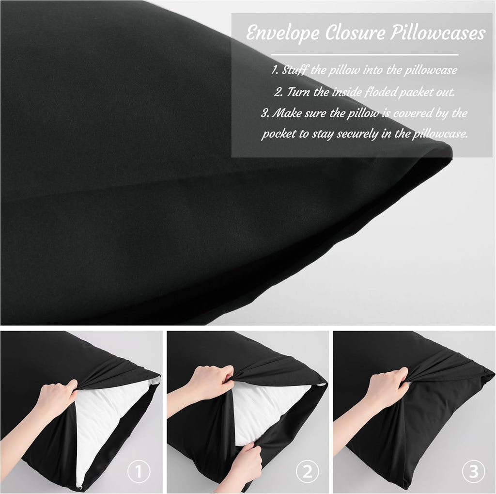 Ntbay Queen Pillow Cases Set, 2 Pack Brushed Microfiber 20x30 Inches, Soft, Wrinkle, Fade, Stain Resistant Black Pillow Cases with Envelope…