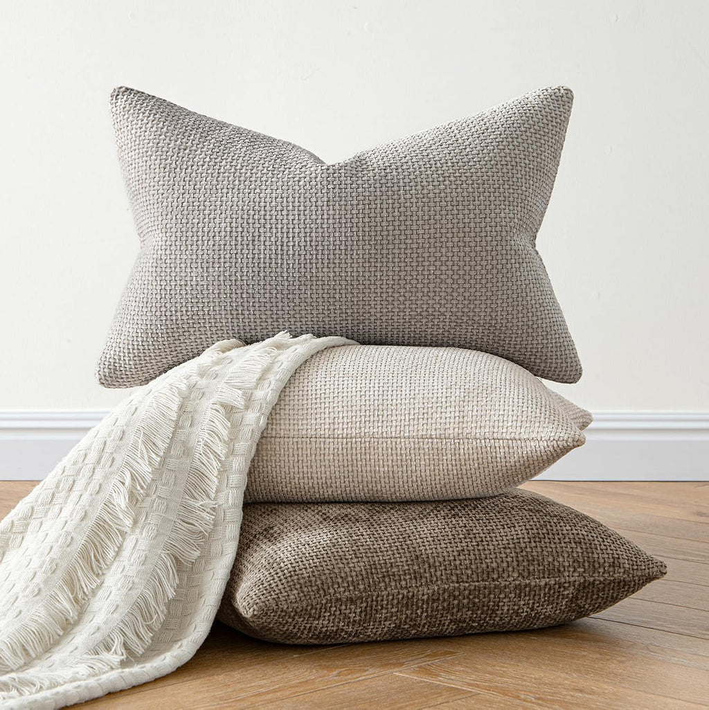 Miulee Pack of 2 Lumbar Couch Throw Pillow Covers 20x12 Inch Neutral Khaki Modern Boho Accent Decorative Pillow Covers Soft Chenille Farmho…
