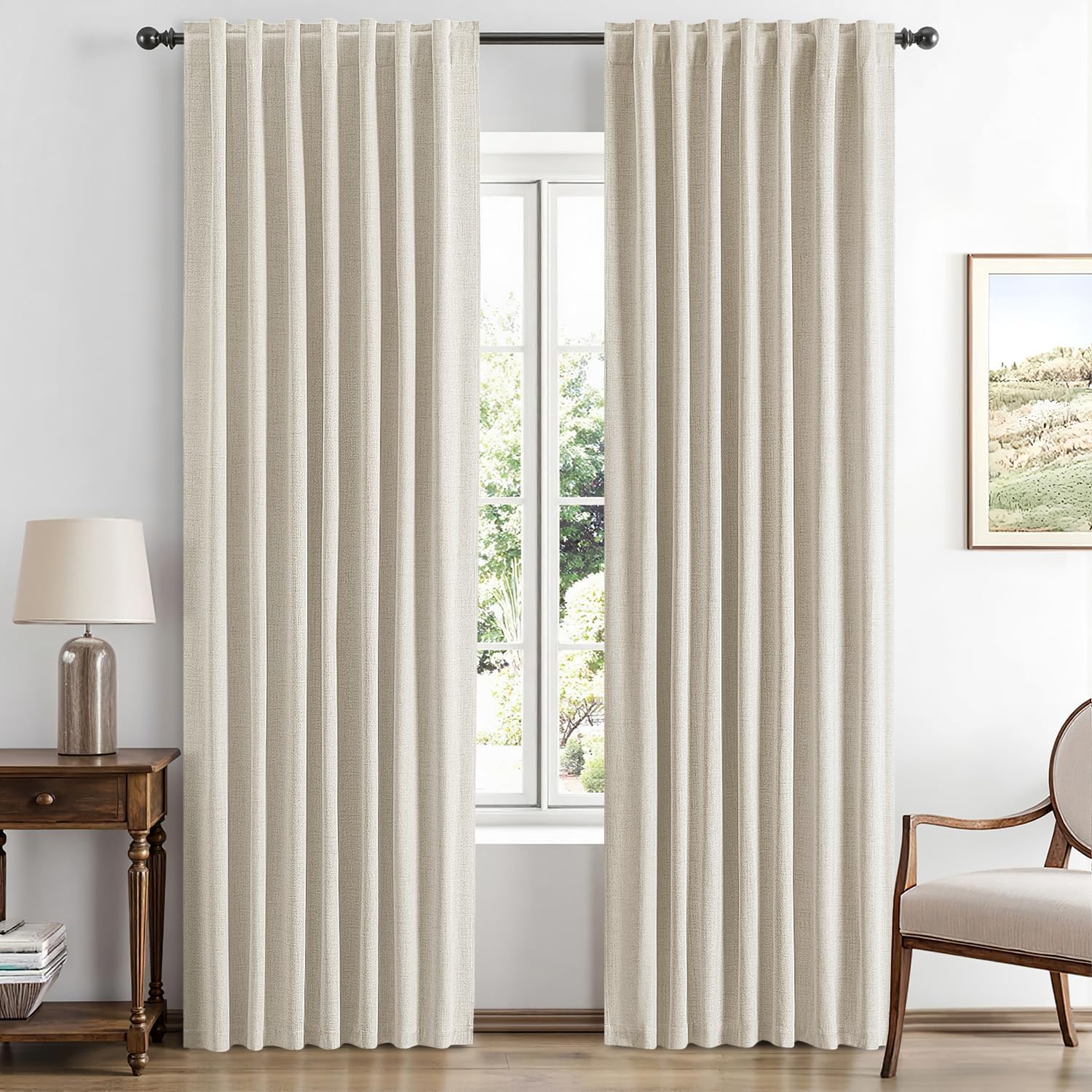 Miulee 100% Blackout Linen Curtains for Bedroom, Linen Beige Solid Luxury Decor Thermal Insulation Room Darkening Drapes for Living Room Nu…