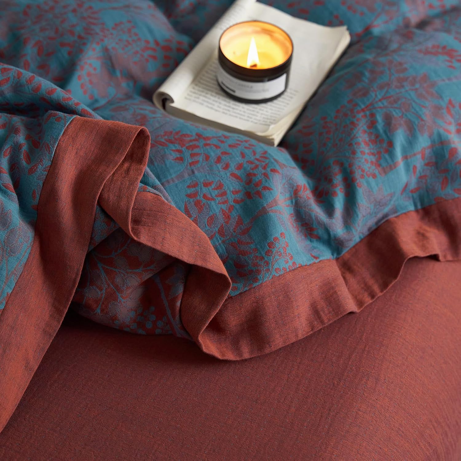 mixinni Muslin Cotton Vintage Blue Floral Duvet Cover Queen Size 3pcs Yarn Dyed Burgundy Jacquard Weave Bedding Comforter Cover Soft Breath…