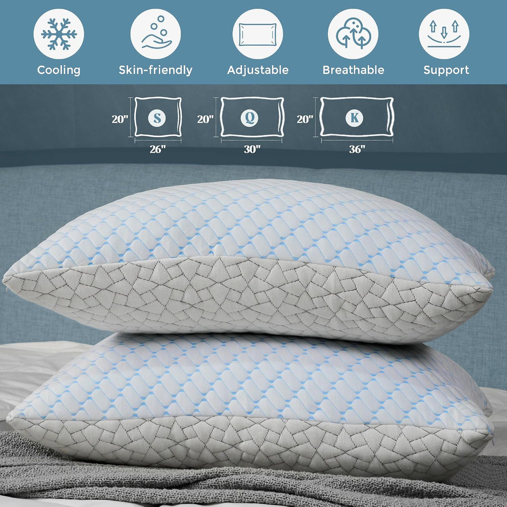 Wolki Queen Size Pillows Set of 2 - Cooling Pillows 2 Pack, Adjustable Memory Foam Pillow for Side Sleepers, Back, Stomach, Hot Sleepers (2…