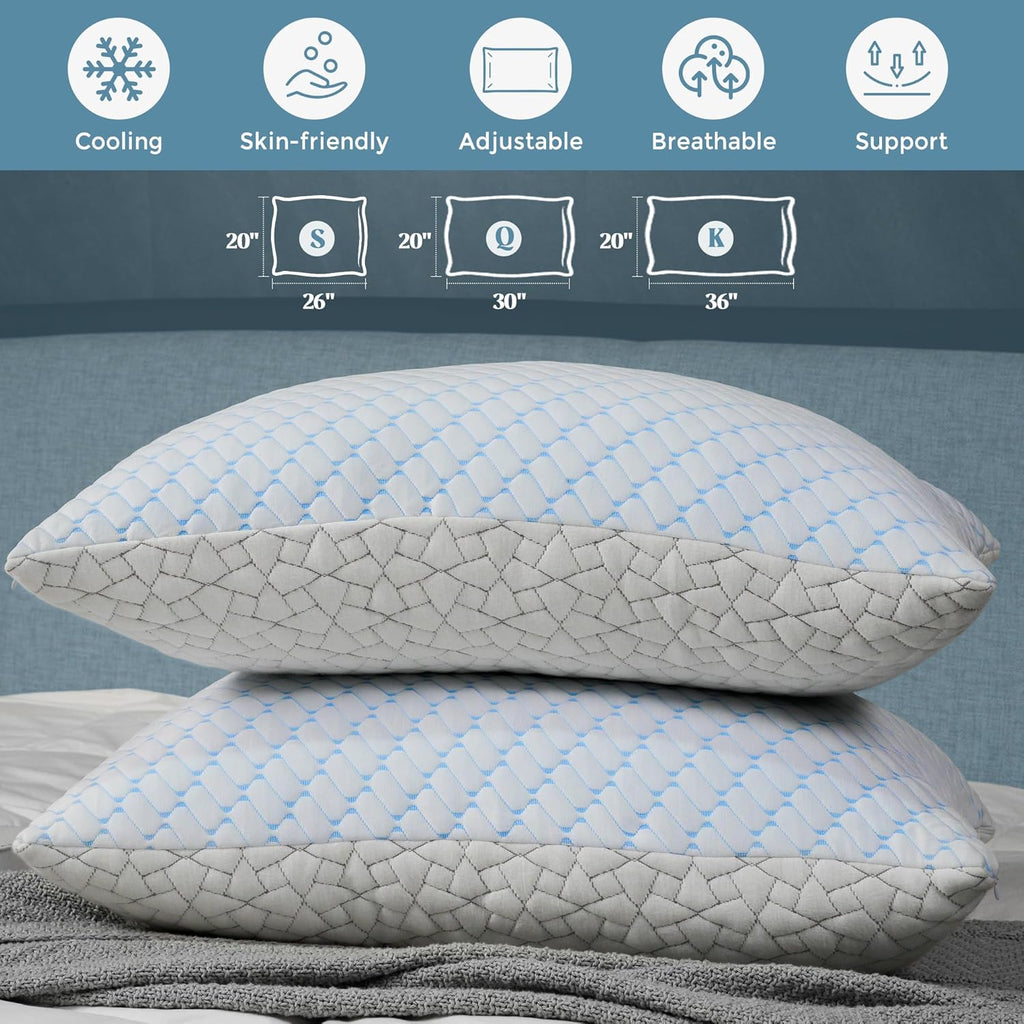 Wolki King Size Pillows Set of 2 - Cooling Pillows 2 Pack, Adjustable Memory Foam Pillow for Side Sleepers, Back, Stomach, Hot Sleepers (20…