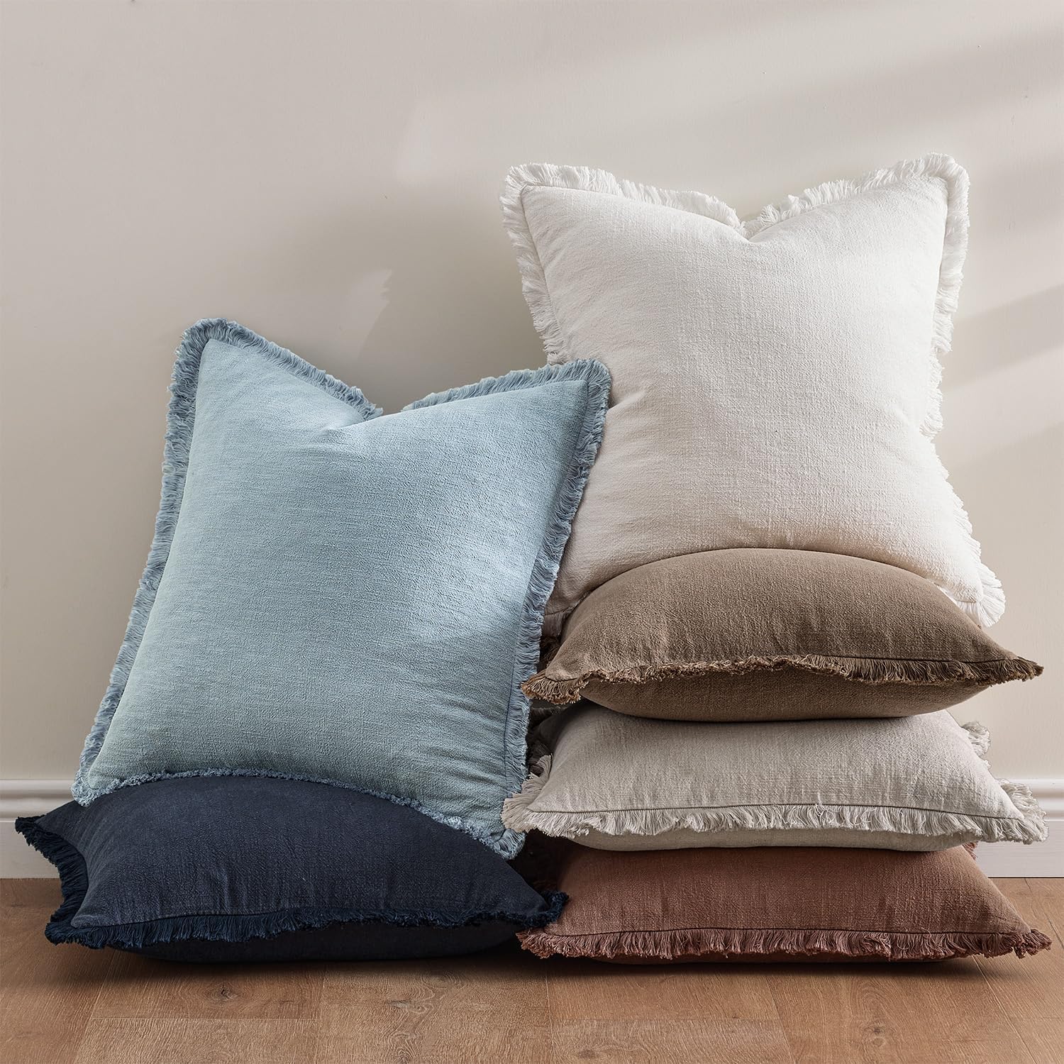 Anroduo Set of 2 Decorative Throw Pillow Covers 24×24 Inch Soft Linen Fringe Farmhouse Boho Vintage Cushion Covers with Tassels Accent Pill…