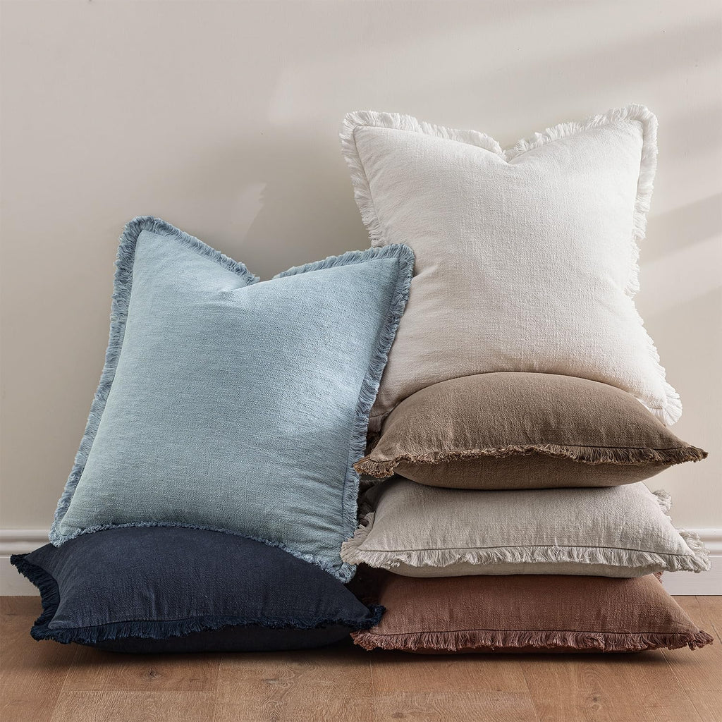 Anroduo Set of 2 Decorative Throw Pillow Covers 20×20 Inch Soft Linen Fringe Farmhouse Boho Vintage Cushion Covers with Tassels Accent Pill…