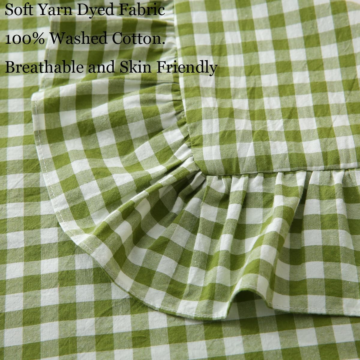 Silnuo Green/White Plaid Ruffled Queen Size Pillow Shams Set of 2, Washed Cotton Shabby Checkered Gingham Farmhouse Bed Pillow Covers 20"x30…