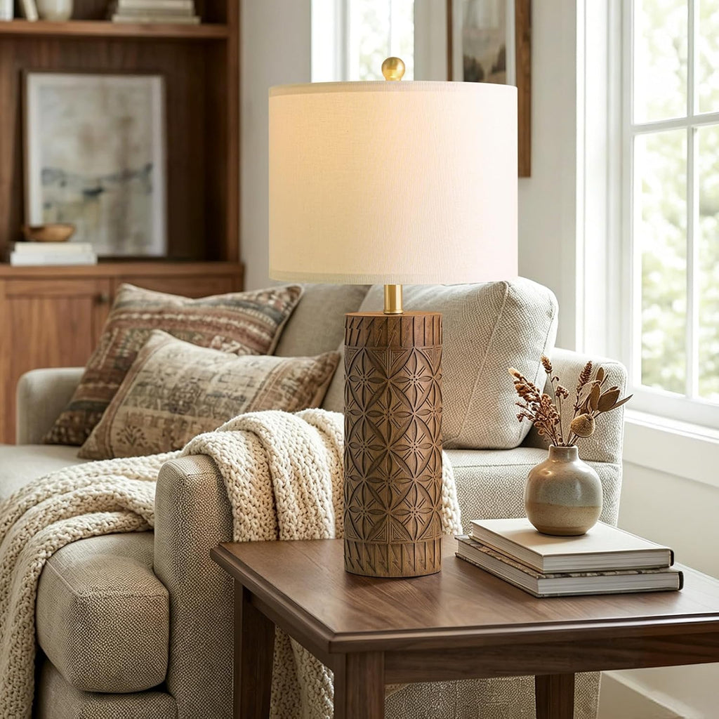 BOBOMOMO 27" Tall Table Lamps Set of 2, Modern Farmhouse Geometric Bedside Lamps, Rustic Wood Grain Resin Nightstand Lamps for Living…