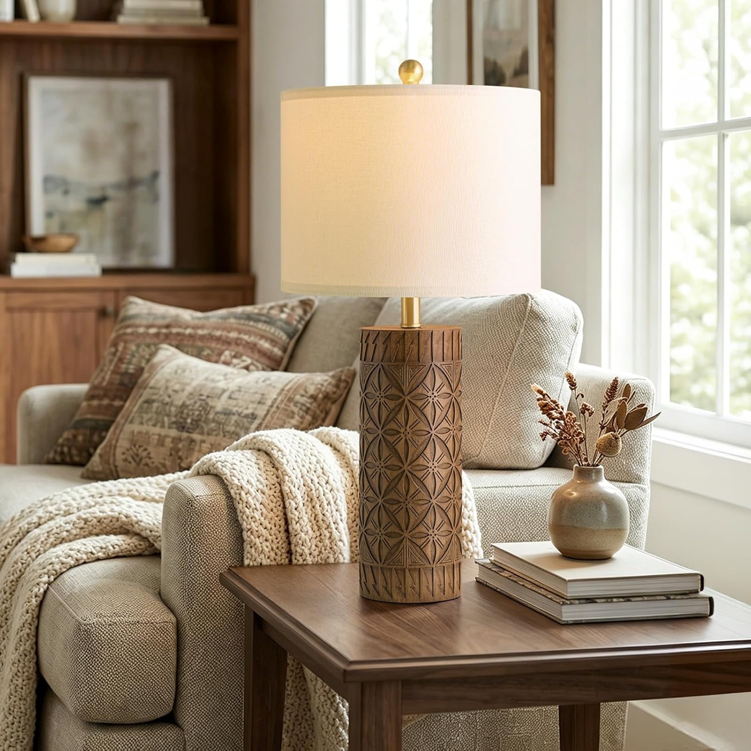 BOBOMOMO 27" Tall Table Lamps Set of 2, Modern Farmhouse Geometric Bedside Lamps, Rustic Wood Grain Resin Nightstand Lamps for Living…