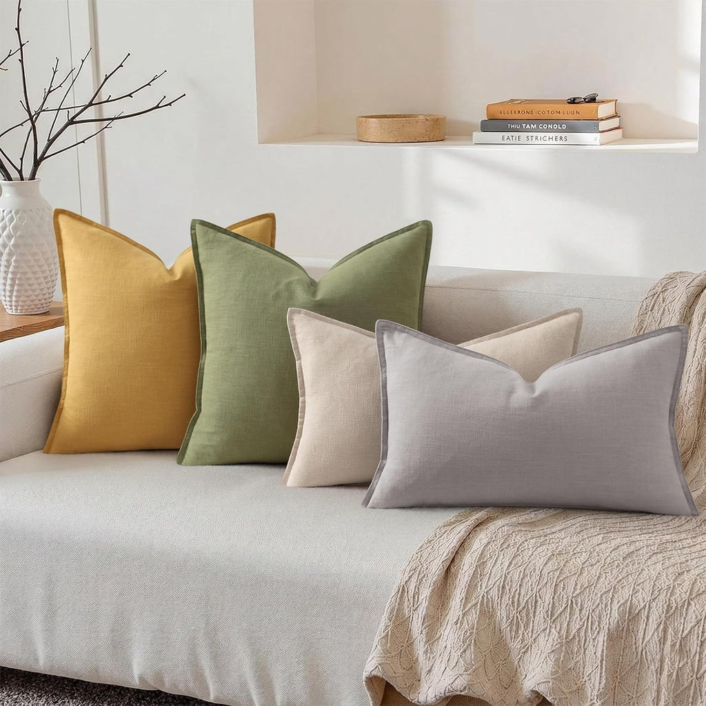 decorUhome Summer Decorative Linen Throw Pillow Covers 12x20 Inch Set of 2 Natural Beige Lumbar Pillow Covers with Flange Edges Soft Farmho…