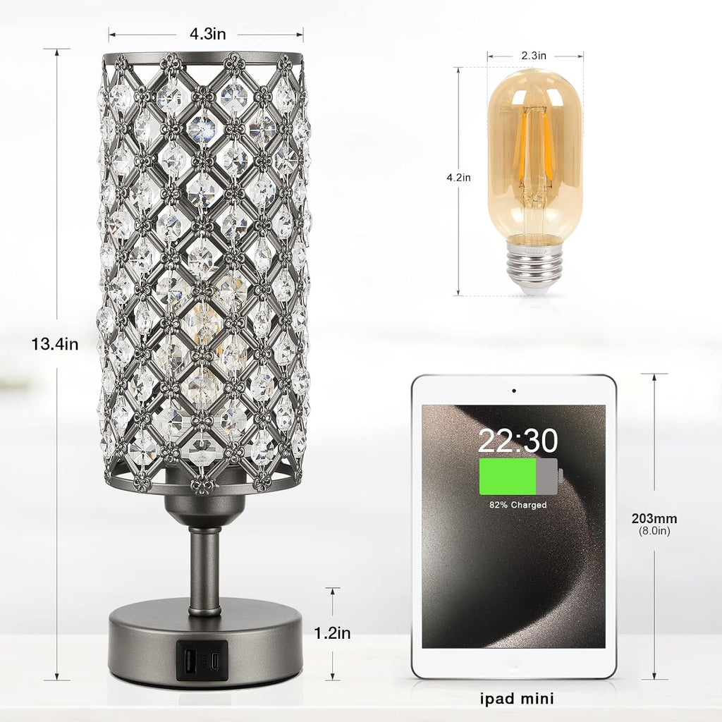 Hong-in Gray Crystal Table Lamp - 3-Way Dimmable Touch Control, Bedside Lamp with USB C and A Ports, Nightstand Light for Living Room…