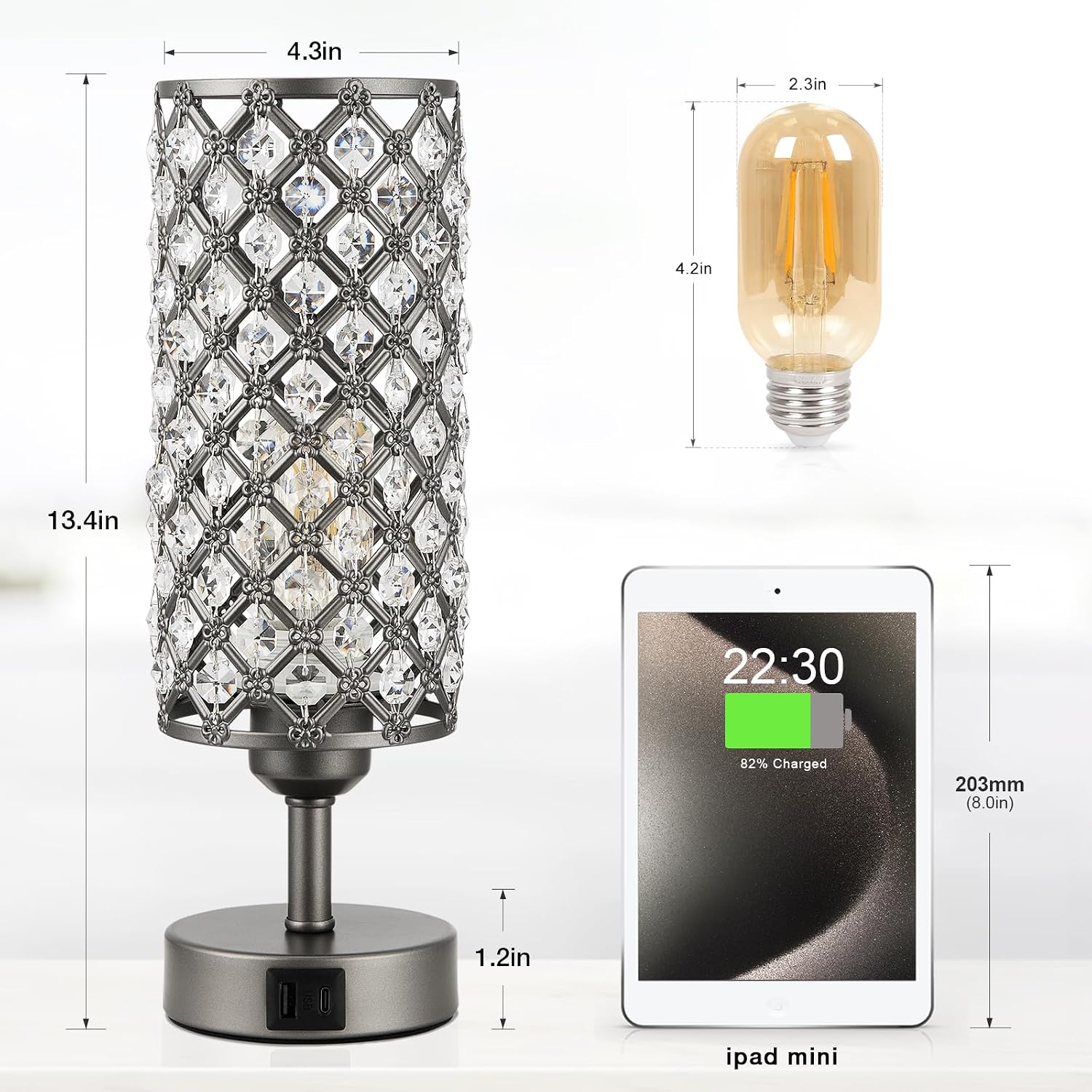 Hong-in Gray Crystal Table Lamp - 3-Way Dimmable Touch Control, Bedside Lamp with USB C and A Ports, Nightstand Light for Living Room…