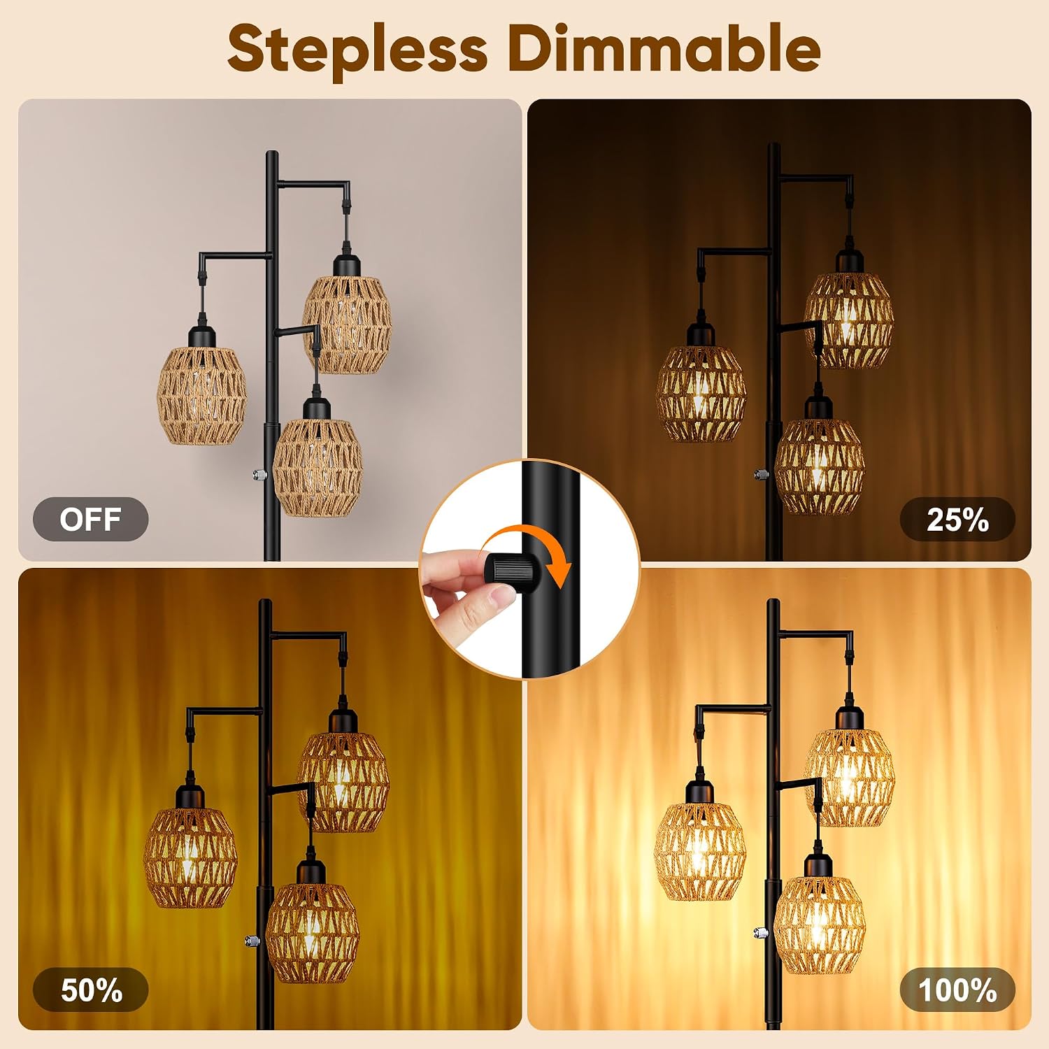 ROTTOGOON Dimmable Boho Floor Lamp - 3 Light Farmhouse Rattan Floor Lamps for Living Room, Tree Floor Lamps with Bohemian lampshades…