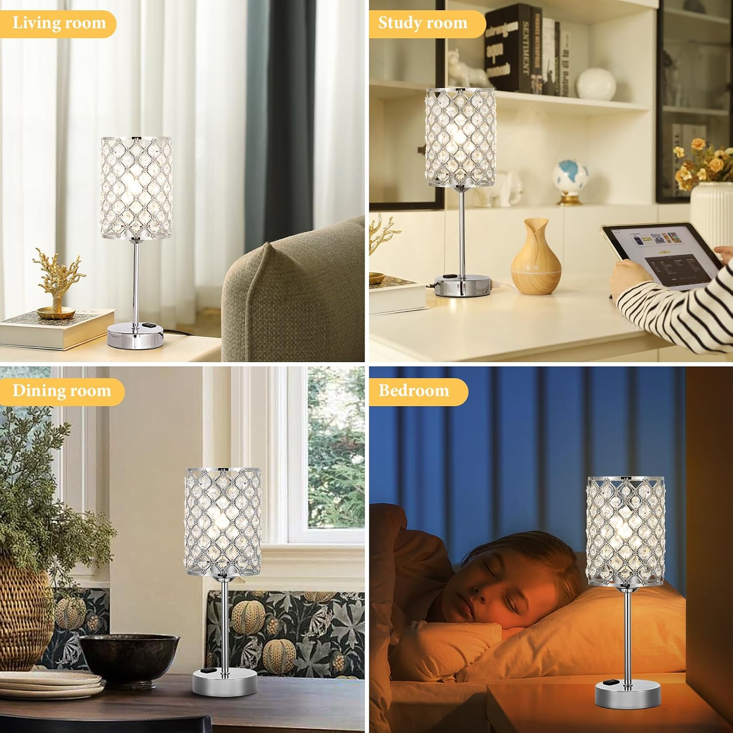 Hong-in Crystal Table Lamp, Crystal Lamp Touch Control with USB-C USB-A Charging Ports & AC Outlets, 3 Way Dimmable Bedside…