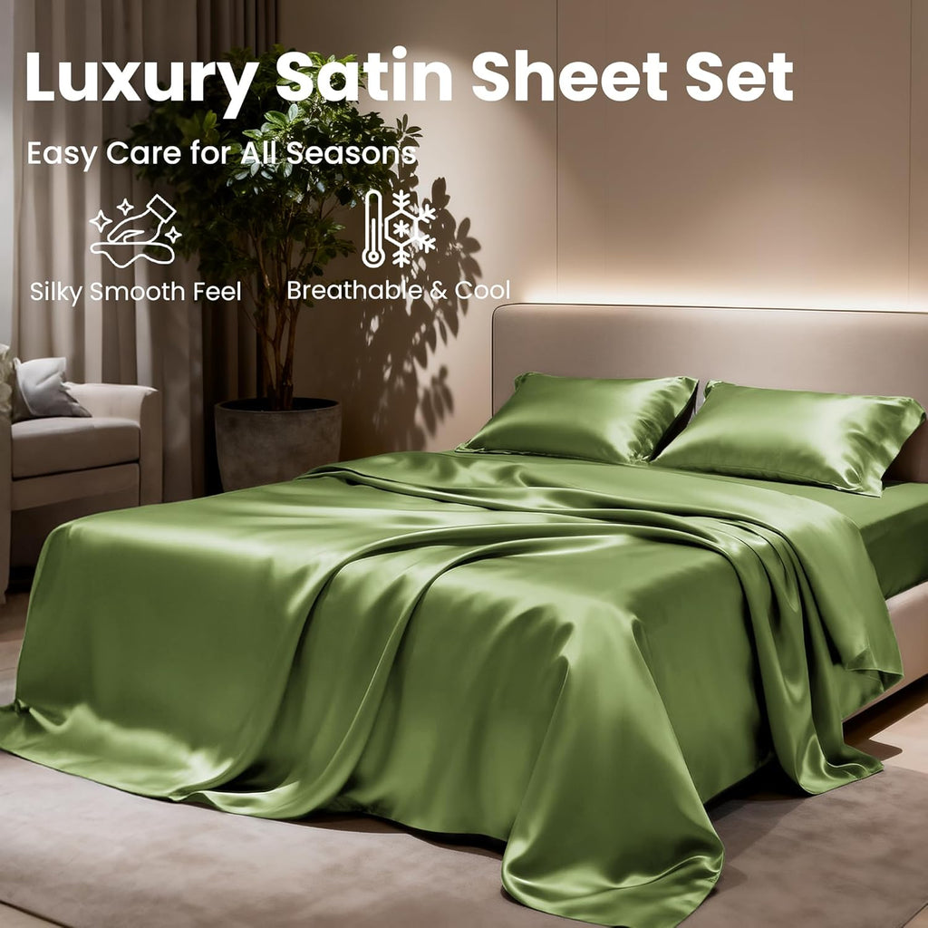 Lovescabin Love's cabin California King Satin Sheet Sets - 4 Piece Sage Silky Sheets Bed Set with Deep Pocket, Luxury Silk Feel Satin Cal K…