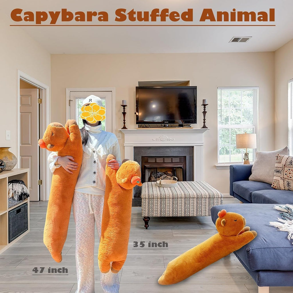 Capybara Plush Pillow, Capybara Stuffed Animal with Persimmon Plush, Capybara Plush Long Body Pillow (47 inch)