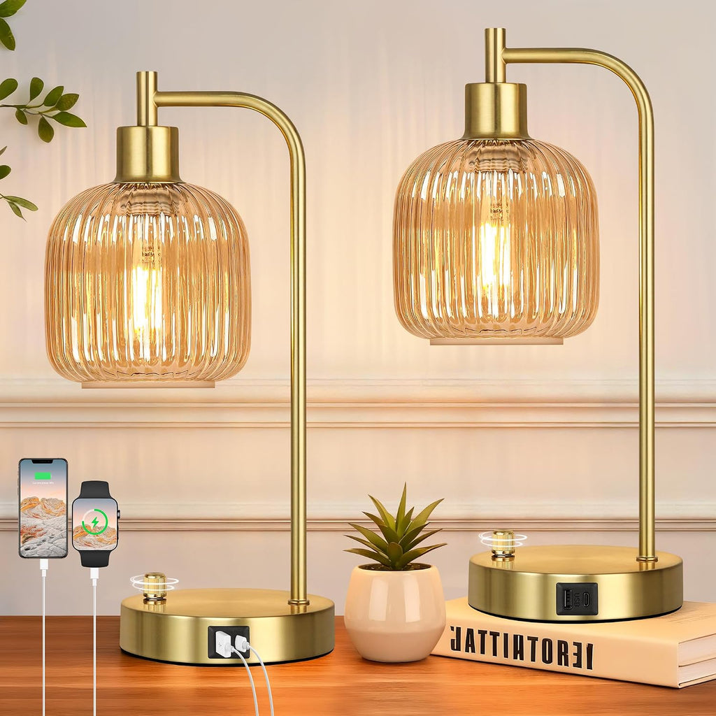 QiMH Industrial Table Lamp for Bedroom Set of 2, Champagne Glass Beside Lamp with USB A&C Ports, Stepless Dimmable Gold Lamps, Nightstand…