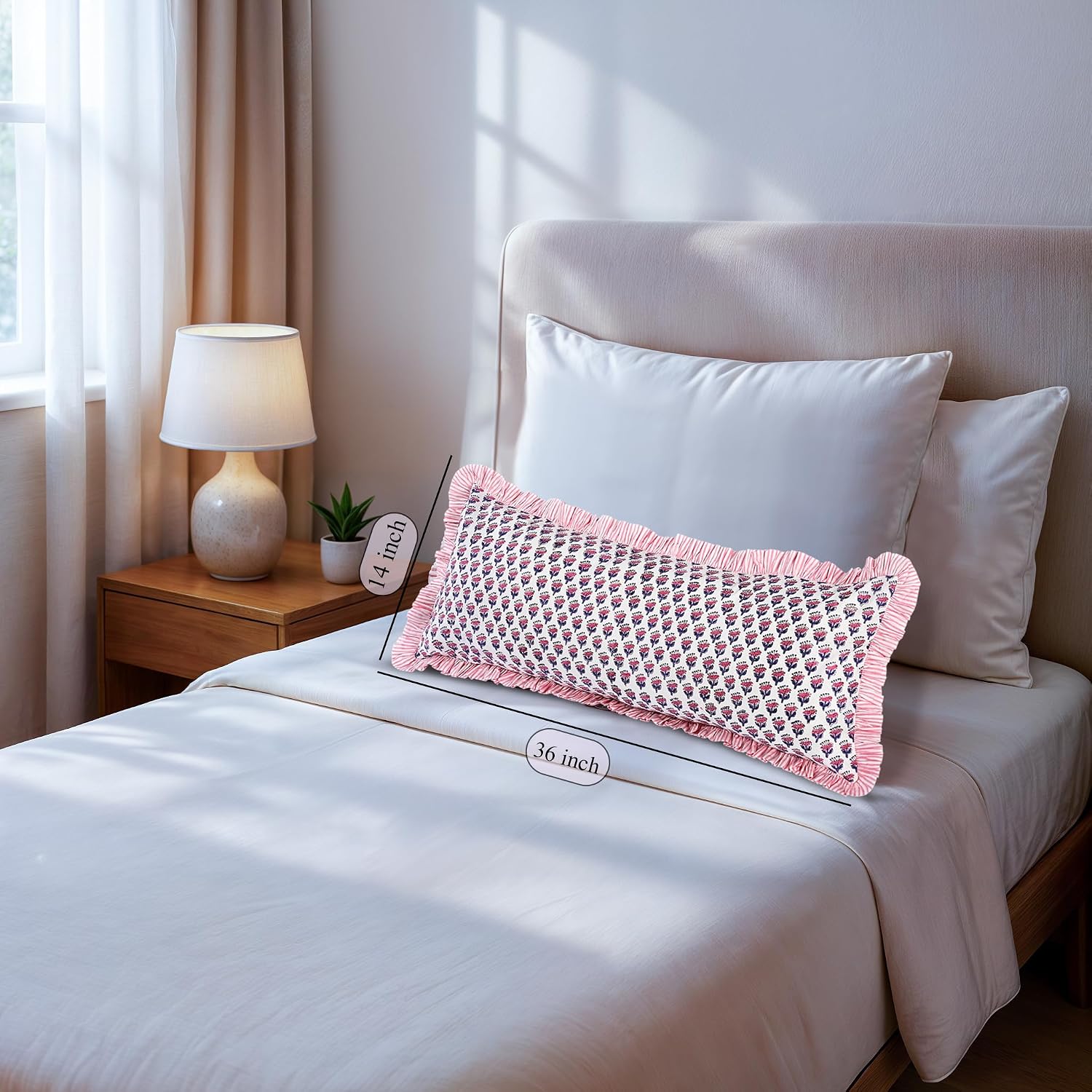 Cottonprintclub CPC Hand Block Print Pink Sapphire Ruffle Sham Pillow Cover 36" x 14" inch Hidden Zipper Decorative Pillowcase for Couch, B…