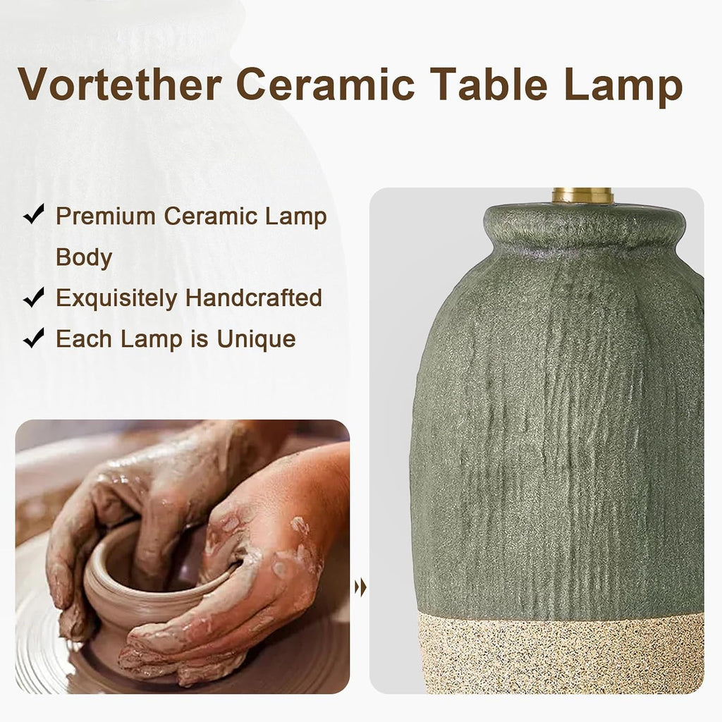 22.5" Hand-Textured Vintage Ceramic Table Lamp, Single Rustic Farmhouse Bedside Lamp with Linen Shade, Boho Lamp for Bedroom Living Room…