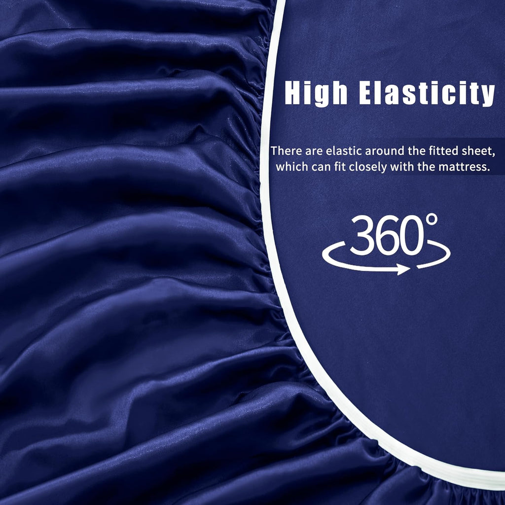 VACVELT 4pcs Navy Blue Satin Sheets King Size Bed Set, 15 Inch Deep Pocket Silky Satin Sheet Set, Soft Satin Bedding Set Cooling & Luxury…