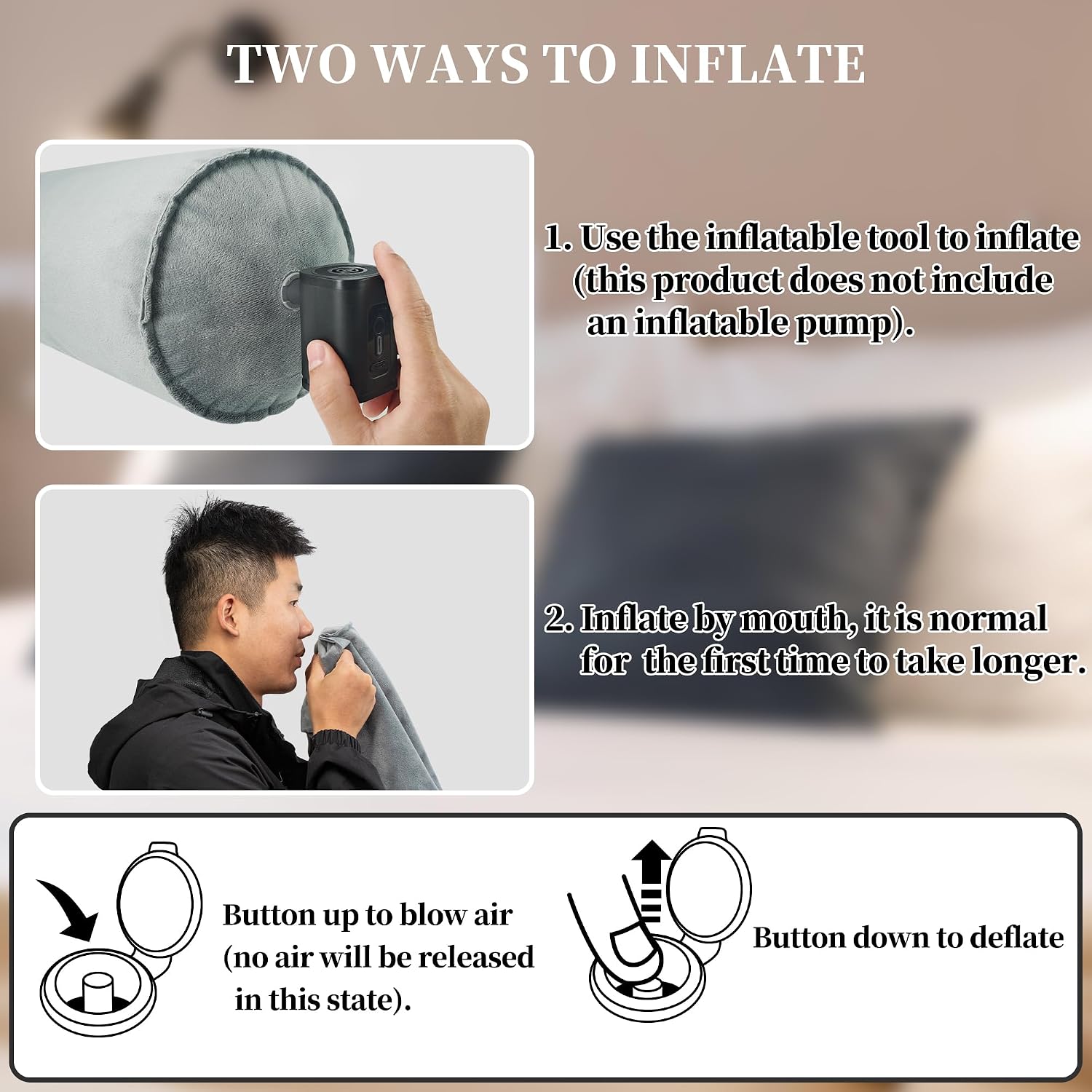 ONTYZZ Inflatable Long Body Pillow, Long Pillow for Bed, Oval Bolster Pillow for Good Sleeping and Back/Neck Support, 1pcs Grey