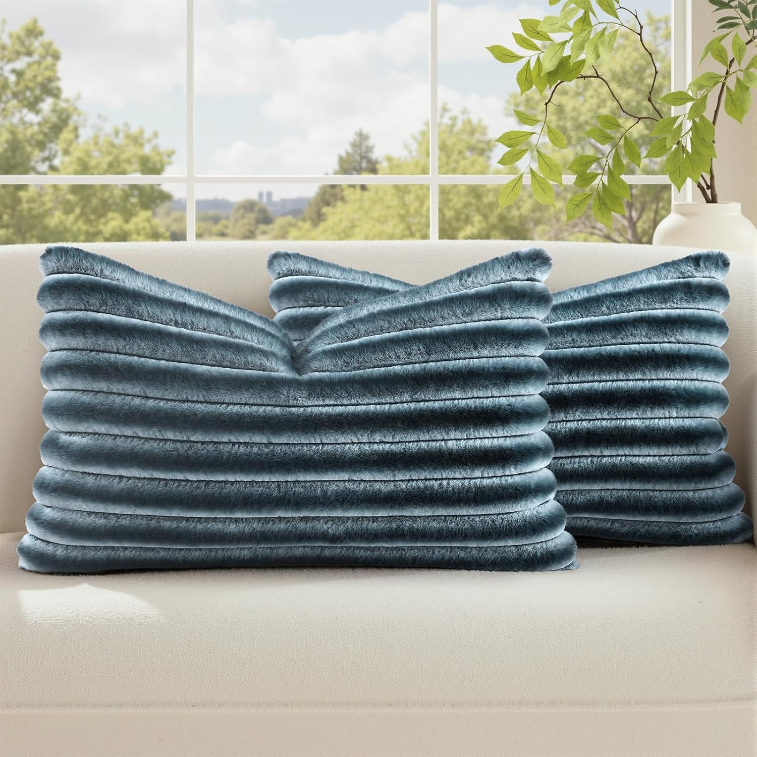 decorUhome Cozy Faux Fur Throw Pillow Covers 12x20 Set of 2 Decorative Soft Plush Striped Lumbar Modern Farmhouse Boho Couch Pillow Cases w…