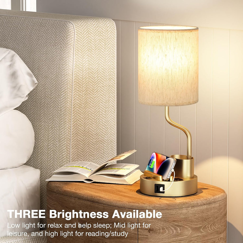 Gold Bedside Table Lamps for Bedroom Set of 2 - Nightstand Light with AC Outlet and USB A & C for Charging, 3 Color Temperatures Desk…
