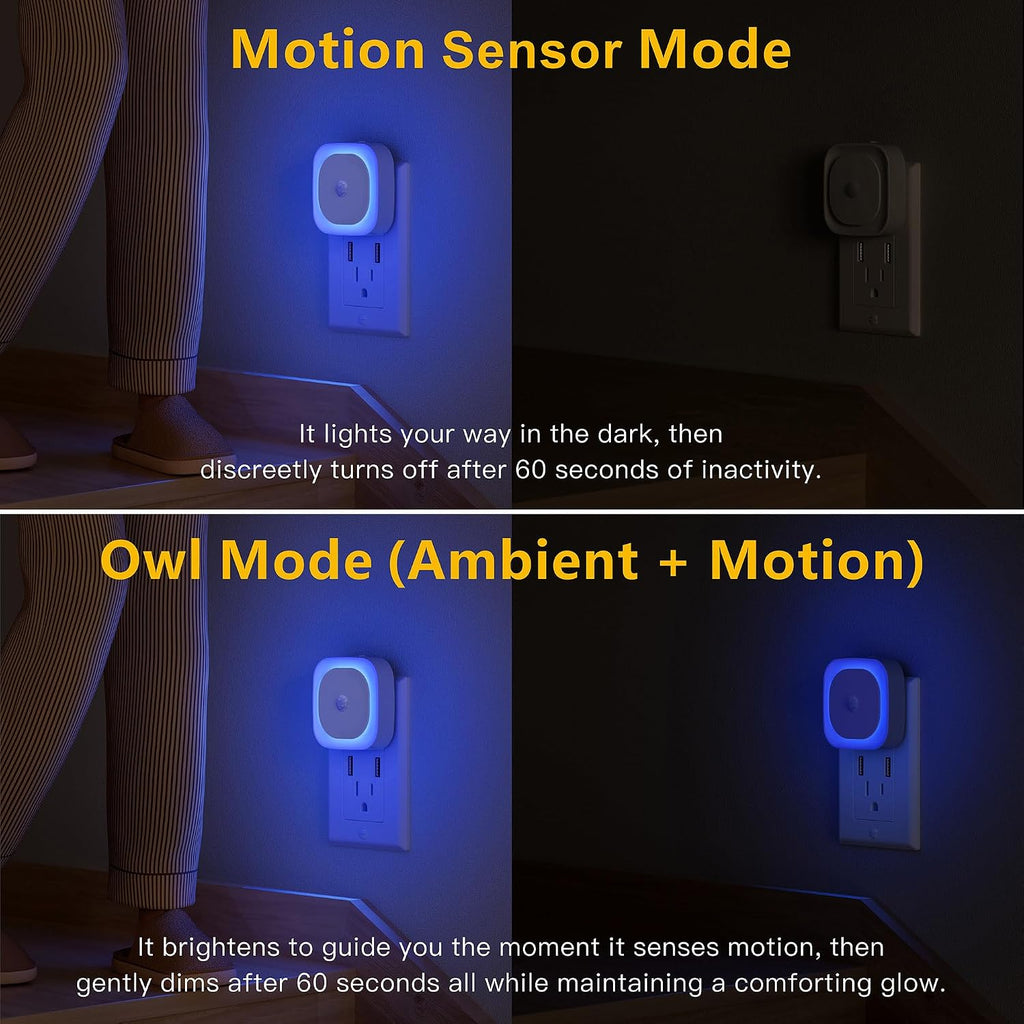 YUNLEX 2 Pack Plug in Night Light with Motion Sensor & Dusk to Dawn Sensor, 3 Sensor Modes, Blue Night Lights Plug into Wall, Dimmable…