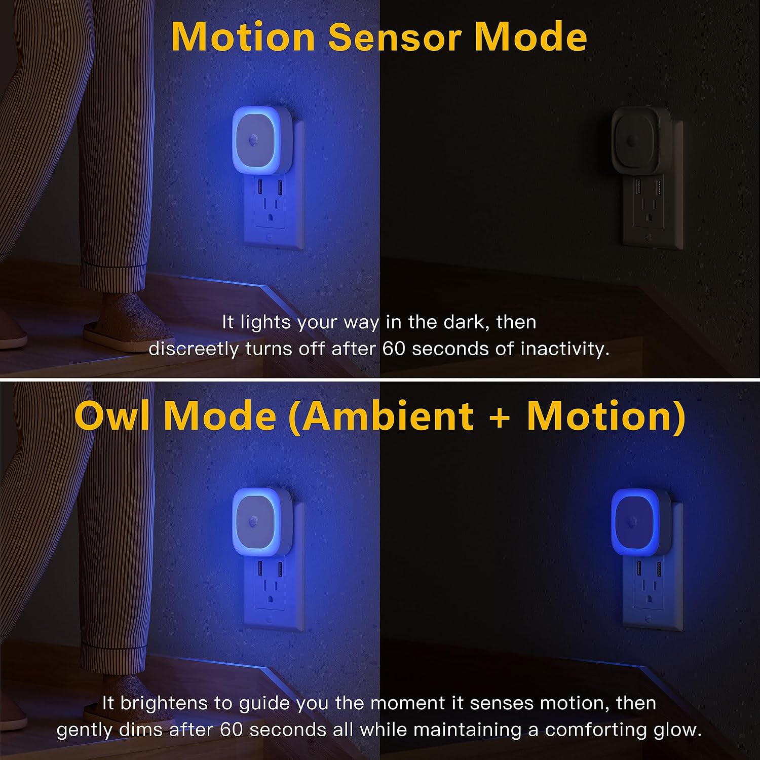 YUNLEX 2 Pack Plug in Night Light with Motion Sensor & Dusk to Dawn Sensor, 3 Sensor Modes, Blue Night Lights Plug into Wall, Dimmable…
