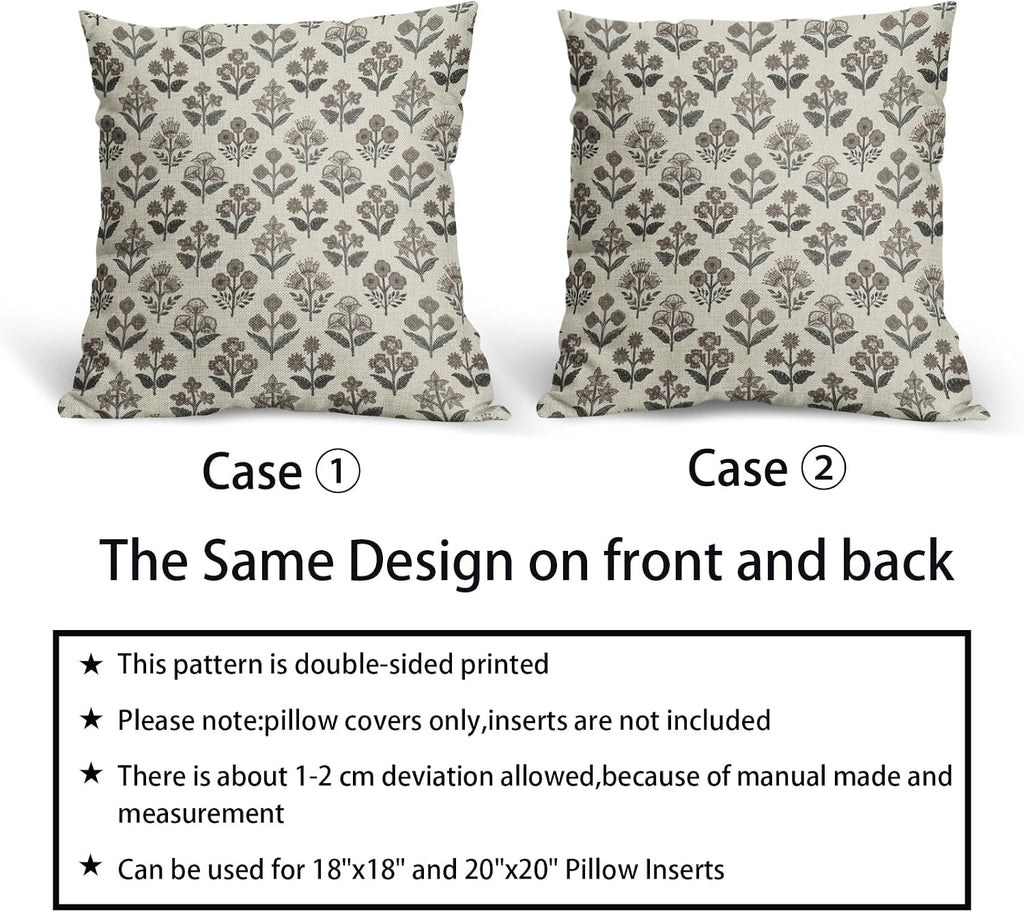 Black Dark Brown Floral Pillow Covers 22x22 Inch Set of 2, Vintage Flower Block Print Pattern Decorative Throw Pillowcases Outdoor Rustic…