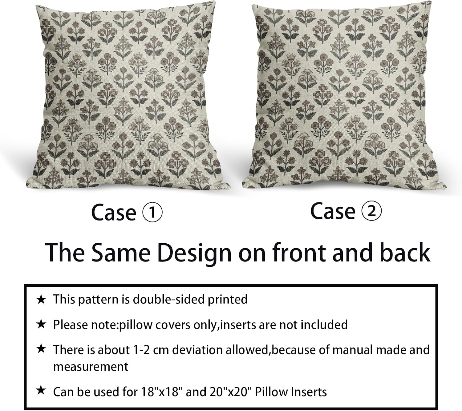 Black Dark Brown Floral Pillow Covers 20x20 Inch Set of 2, Vintage Flower Block Print Pattern Decorative Throw Pillowcases Outdoor Rustic…