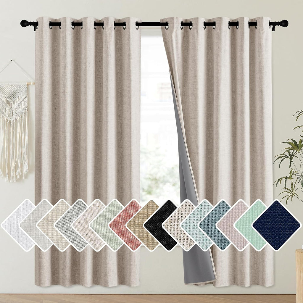 NICETOWN Oatmeal Vintage Open Linen Weave Flax Thermal Curtains, 100% Blackout Curtains 72" Long for Dining Room, Soundproof Window…