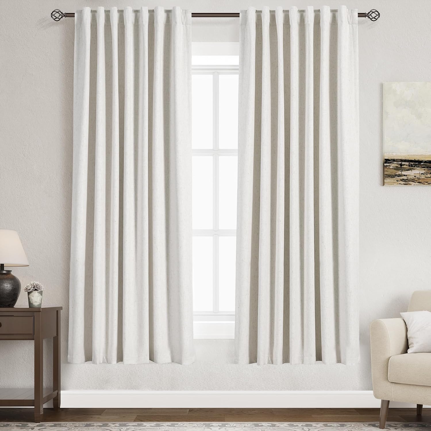 Nanspring Cream 100% Blackout Linen Curtains for Bedroom 72 Inches Long Back Tab Thermal Insulated Neutral Boho Farmhouse Decor Black Out C…