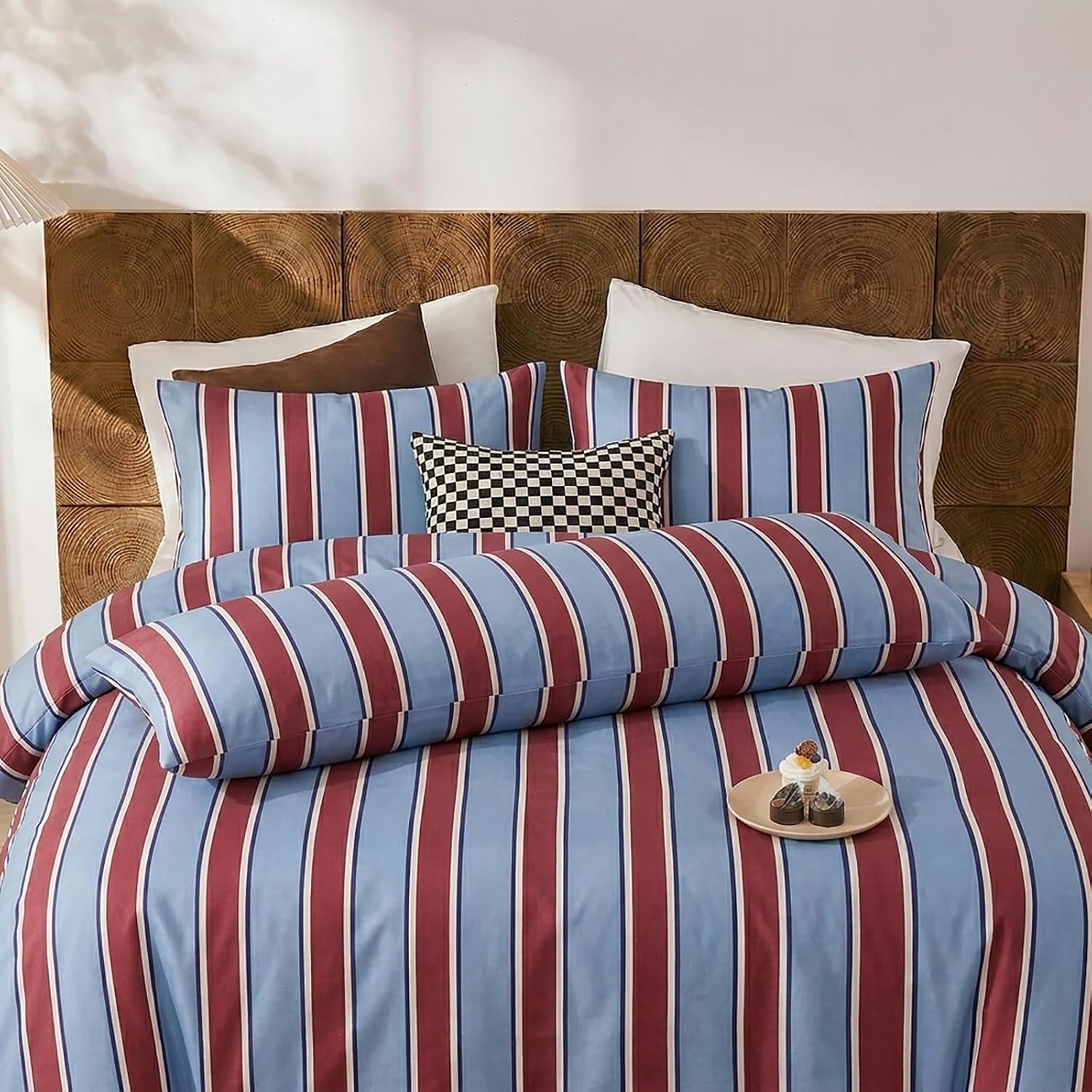 Merryword Burgundy and Blue Striped Pillowcases, 100% Cotton Pillow Cases, Standard Size Pillowcases, Luxury Linen Like Pillowcase, Soft Br…