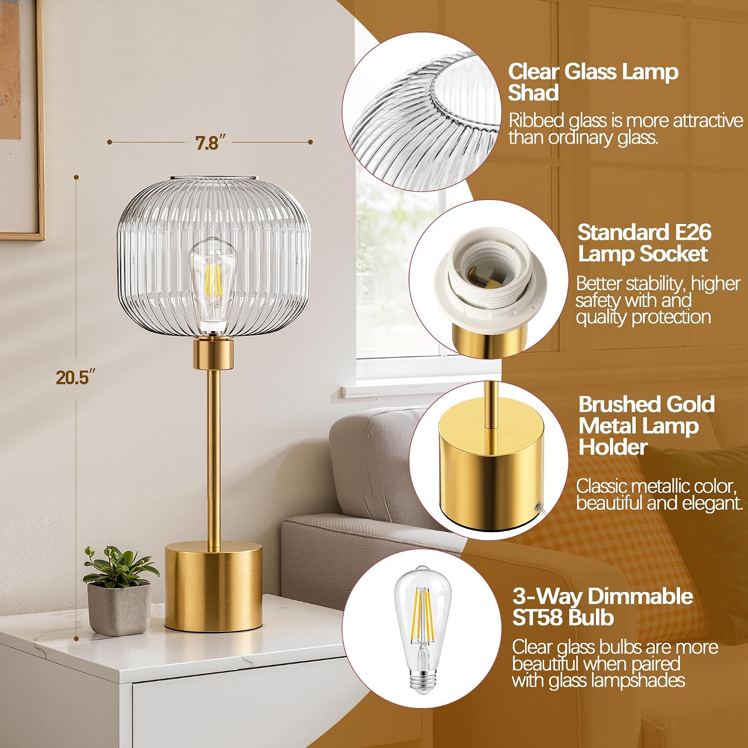 QiMH Glass Table Lamp for Living Room, Modern Bedside Lamp with Clear Ribbed Glass Shade, 3-Way Dimmable Touch Control Nightstand Lamp…