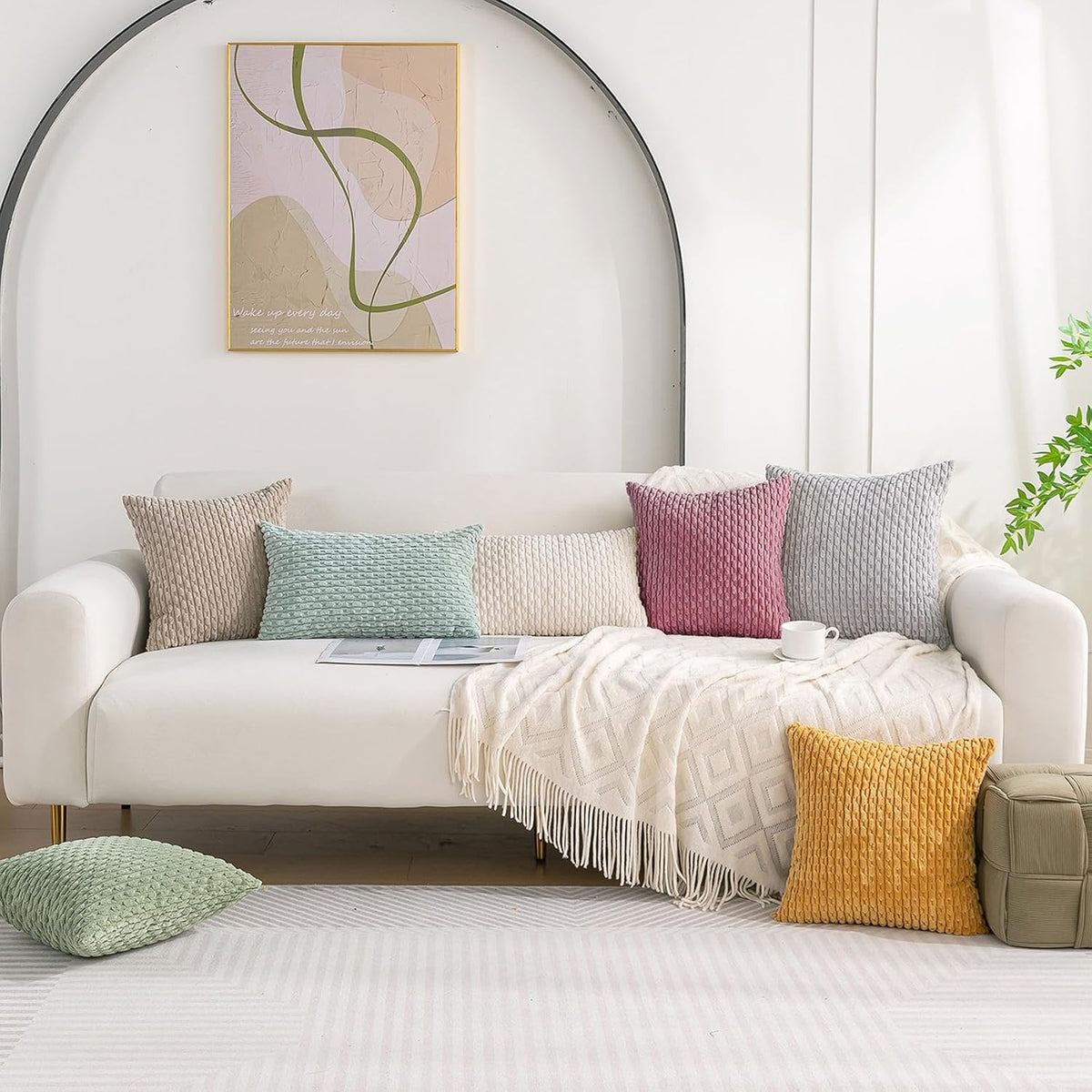 Cozoomy Set of 4 Pink Beige White Decorative Throw Pillow Covers 18x18 Inch Corduroy Pillow Covers for Bed Couch Sofa Living Room Soft Squa…