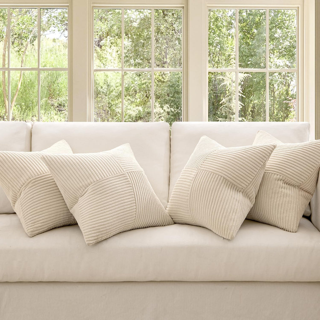 Miulee Beige Throw Pillow Covers 16x16 Inch Set of 4 Boho Patchwork Cushion Cases Modern Farmhouse Pillow Cases with Invisible Zipper Cordu…