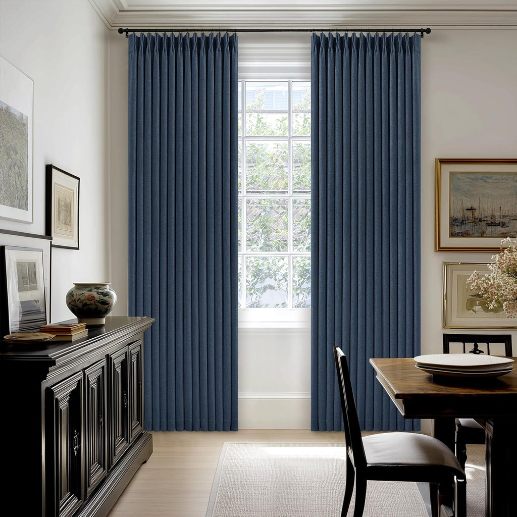 90 Inch Pinch Pleated Blackout Linen Curtains for Bedroom 2 Panels Memory Trained 100% Black Out Soundproof Room Darkening Navy Window…