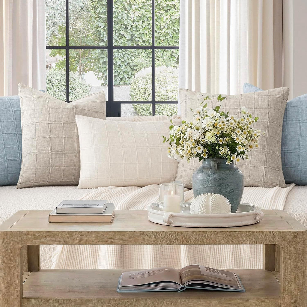 Foindtower Set of 2 Decorative Linen Check Throw Pillow Covers Neutral Farmhouse Vintage Cushion Covers Cozy Modern Coastal Boho Home…