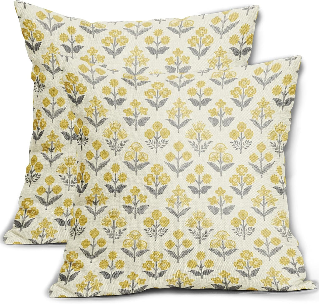 Yellow Grey Gray Floral Pillow Covers 22x22 Inch Set of 2, Vintage Flower Block Print Pattern Decorative Throw Pillowcases Outdoor…