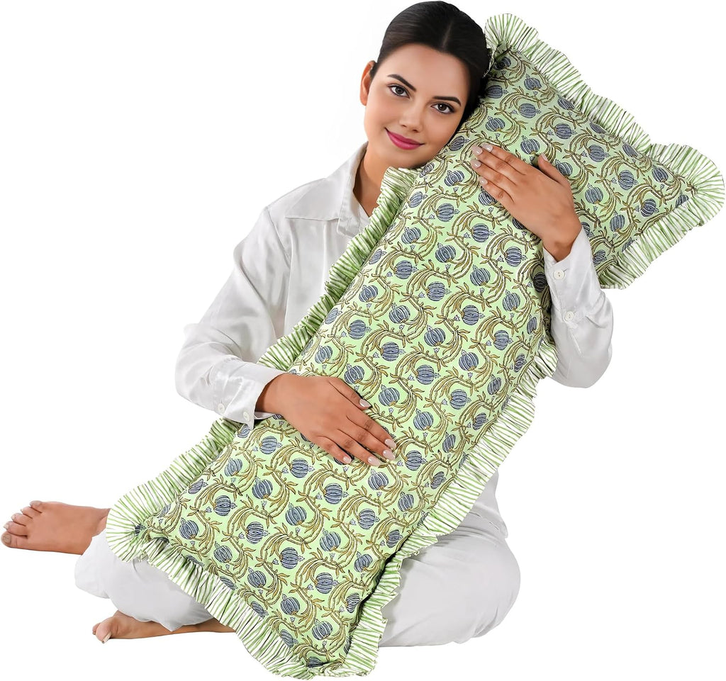 Ridhi Block Print Apple Green Floral 36"x14" Set 1-100% Cotton Ruffle Lumbar Sham Cover Boho Floral Pillowcase, Farmhouse Cottagecore…