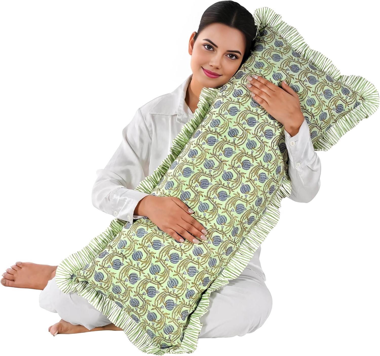 Ridhi Block Print Apple Green Floral 36"x14" Set 1-100% Cotton Ruffle Lumbar Sham Cover Boho Floral Pillowcase, Farmhouse Cottagecore…