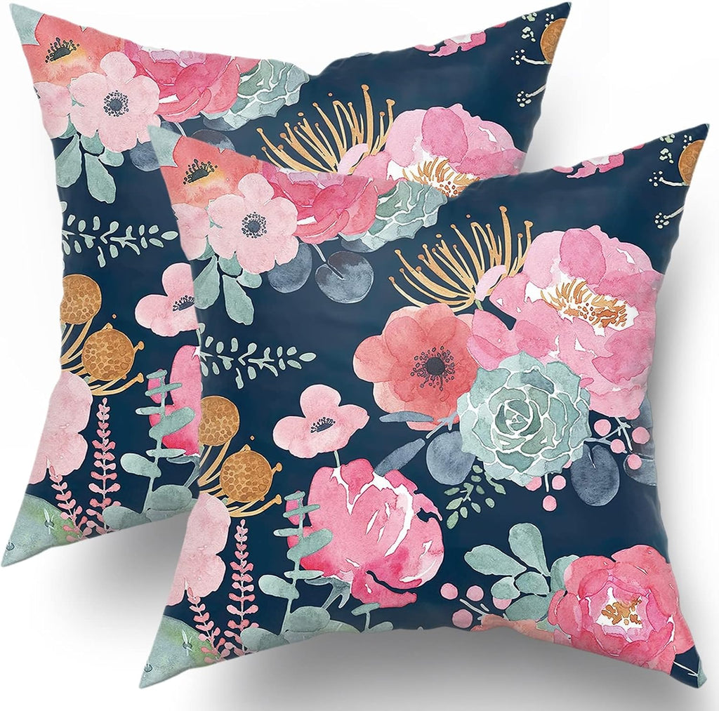 Granbey Watercolor Flower Throw Pillow Cover 24x24 Inch Pink Peony Floral with Green Leaf Decorative Pillow Cases Summer Navy Blue Cushion…