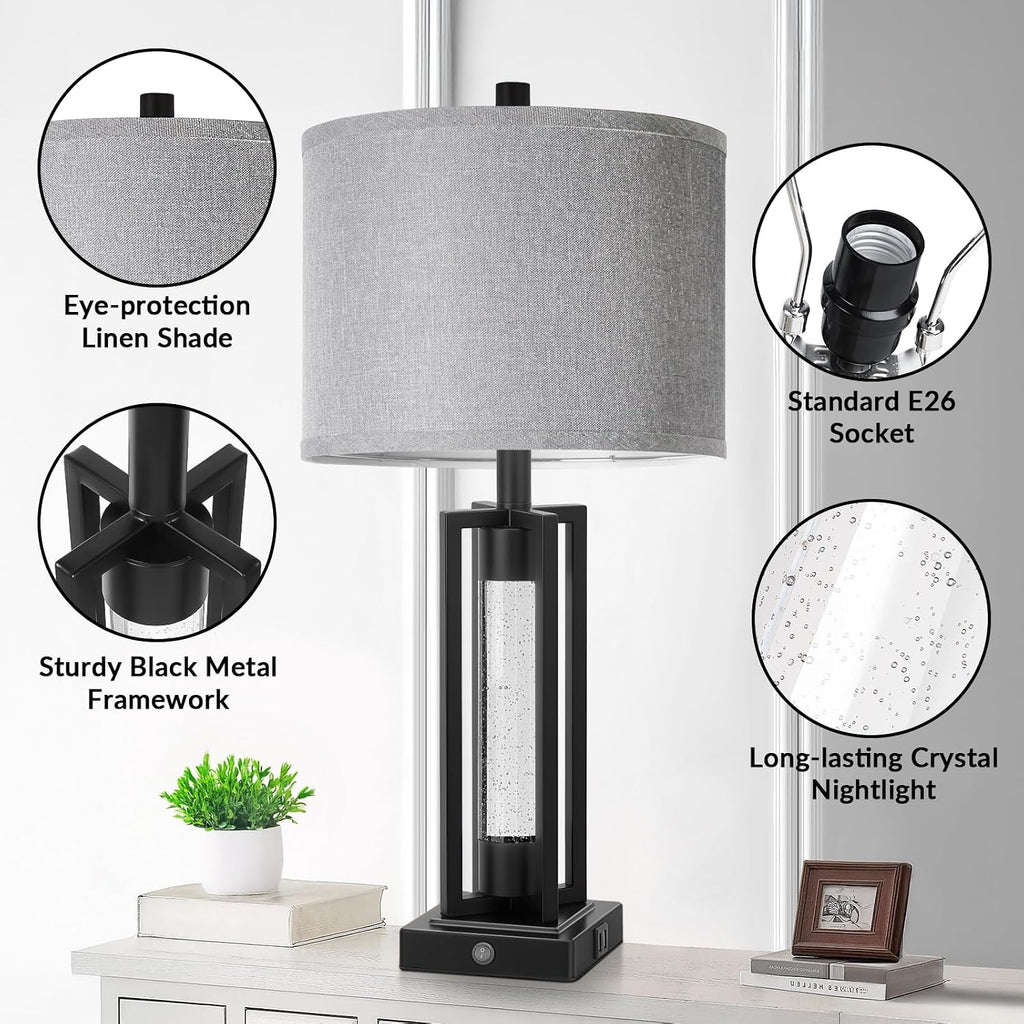 Tobusa 26’’ Farmhouse Table Lamps for Living Room Set of 2, Modern Nightstand Lamps with Crystal Night Light & 2 USB Ports, Vintage Home De…