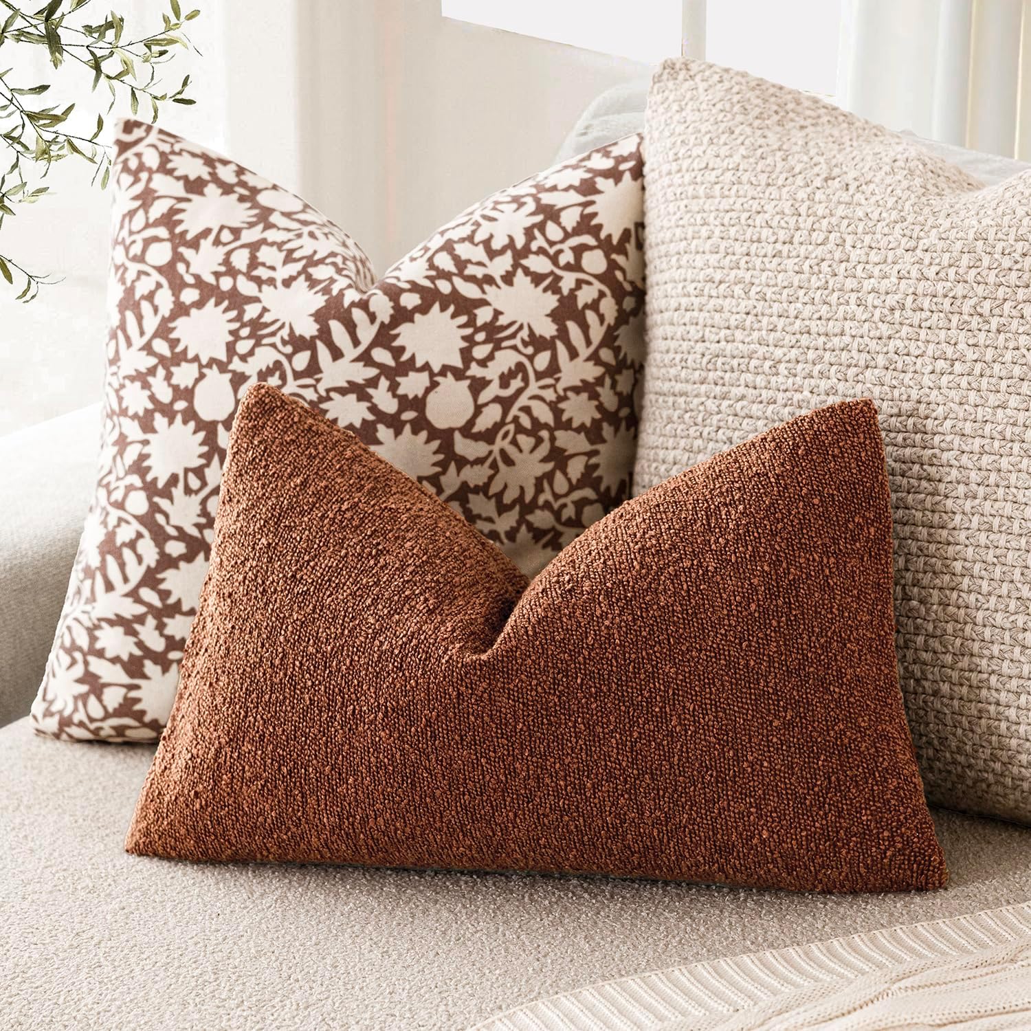 Foindtower Decorative Textured Boucle Throw Pillow Covers Accent Solid Lumbar Pillow Cases Neutral Soft Cozy Couch Cushion Case for Chair…