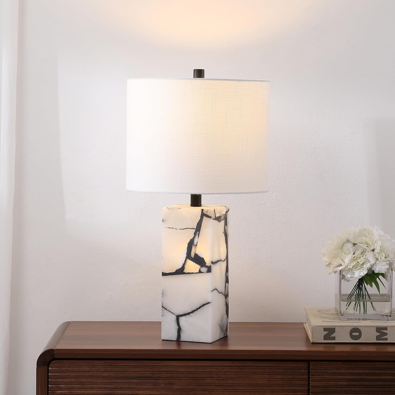 Jonathany JONATHAN Y 24.25" Black/White Modern Alabaster LED Table Lamp for Home Decor, White Linen Shade, Coastal Nightstand Lamp with Bui…
