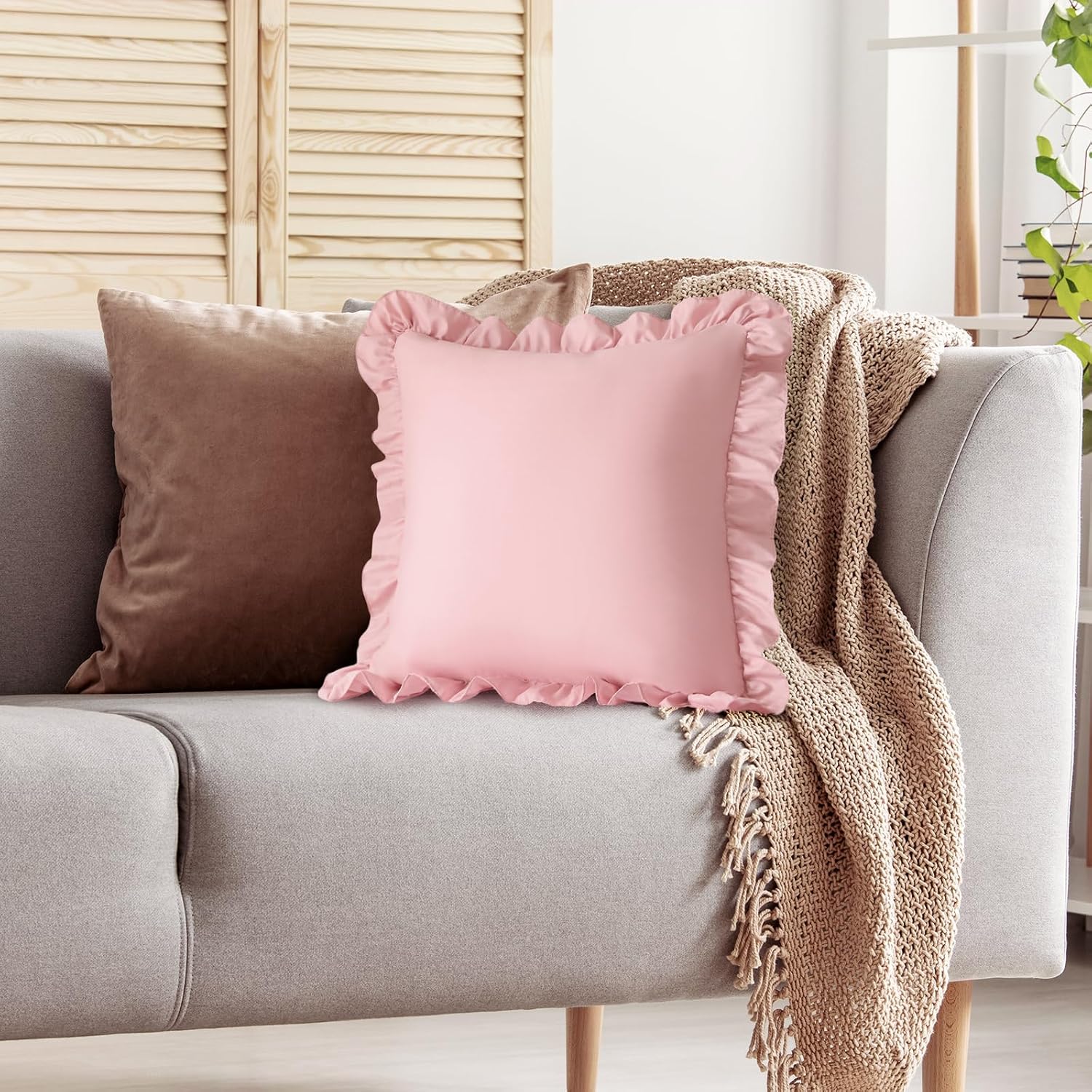 KKJIAF Ruffle Pillow Cases 24x24 Inches, Light Pink Square Ruffled Pillow Covers Set of 2, Microfiber Wrinkle Resistant Pillow Shams with…