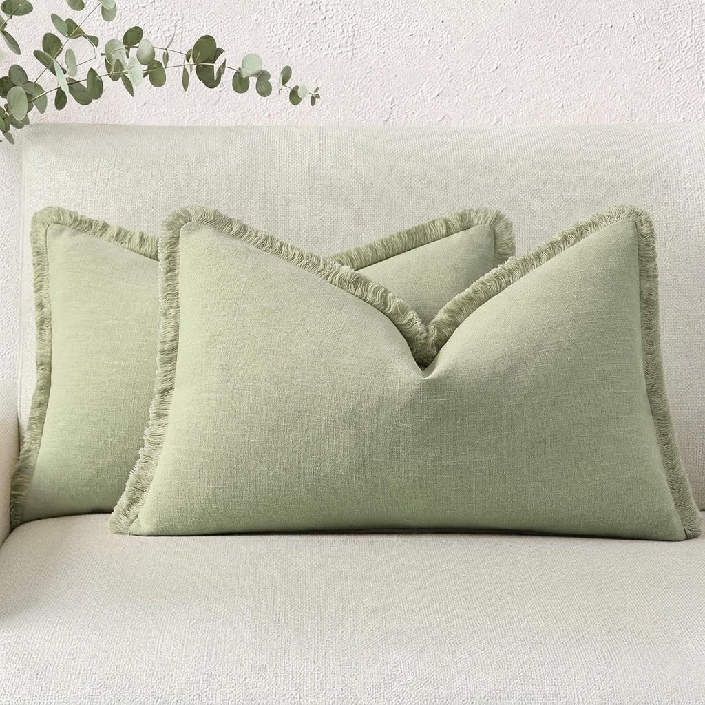 decorUhome Summer Decorative Neutral Linen Fringe Lumbar Throw Pillow Covers Set of 2 Sage Green Pillow Covers with Tassels Soft Farmhouse…