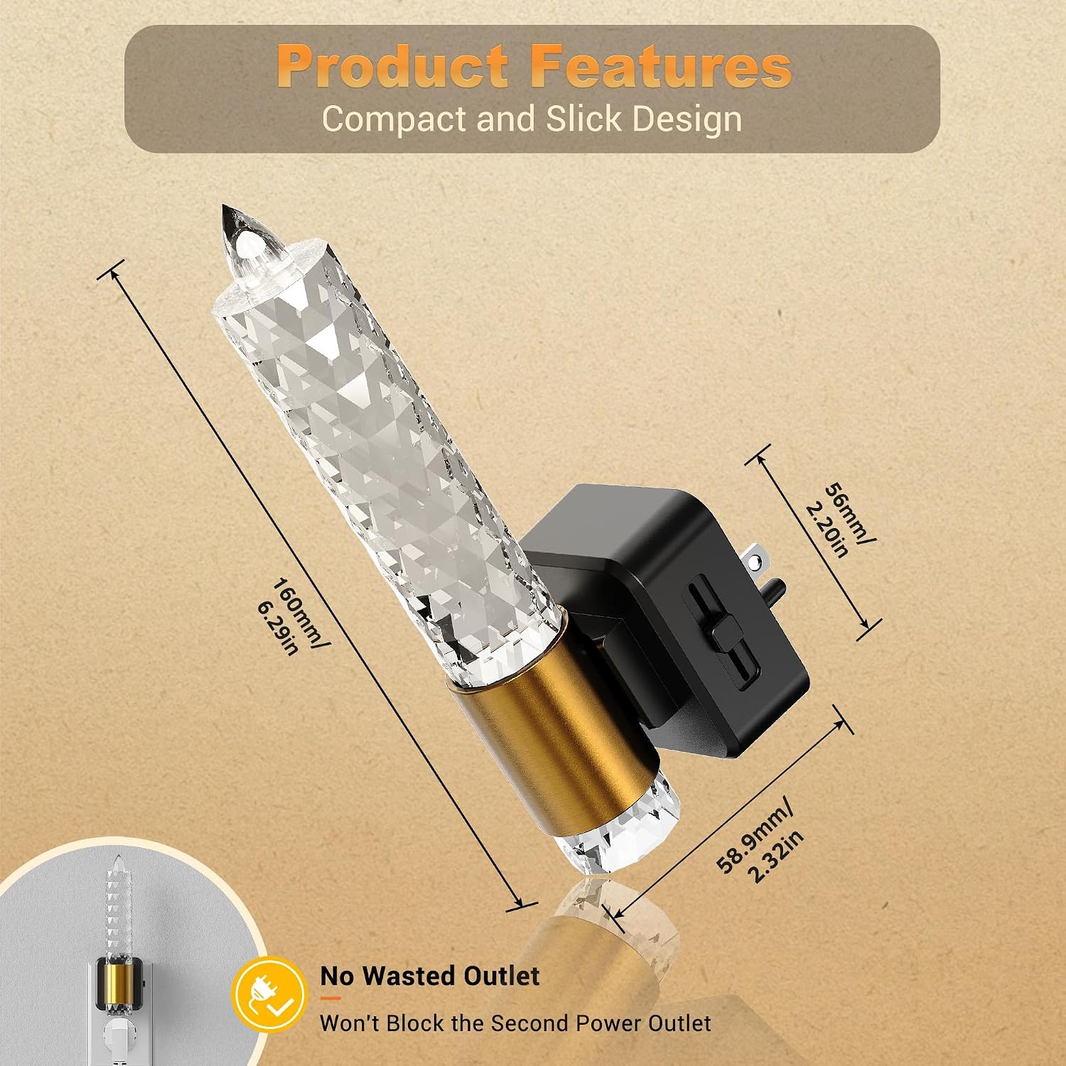 JandCase Night Light, Flameless Candle Amber Night Lights Plug into Wall 2 Pack, Auto On/Off Light Sensor Crystal Dimmable LED…