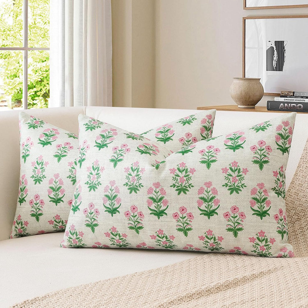 OTOSTAR Floral Print Pillow Covers 12x20 Inch Pack of 2 Double-Sided Pink Green Flower Lumbar Throw Pillow Covers Farmhouse Rustic…