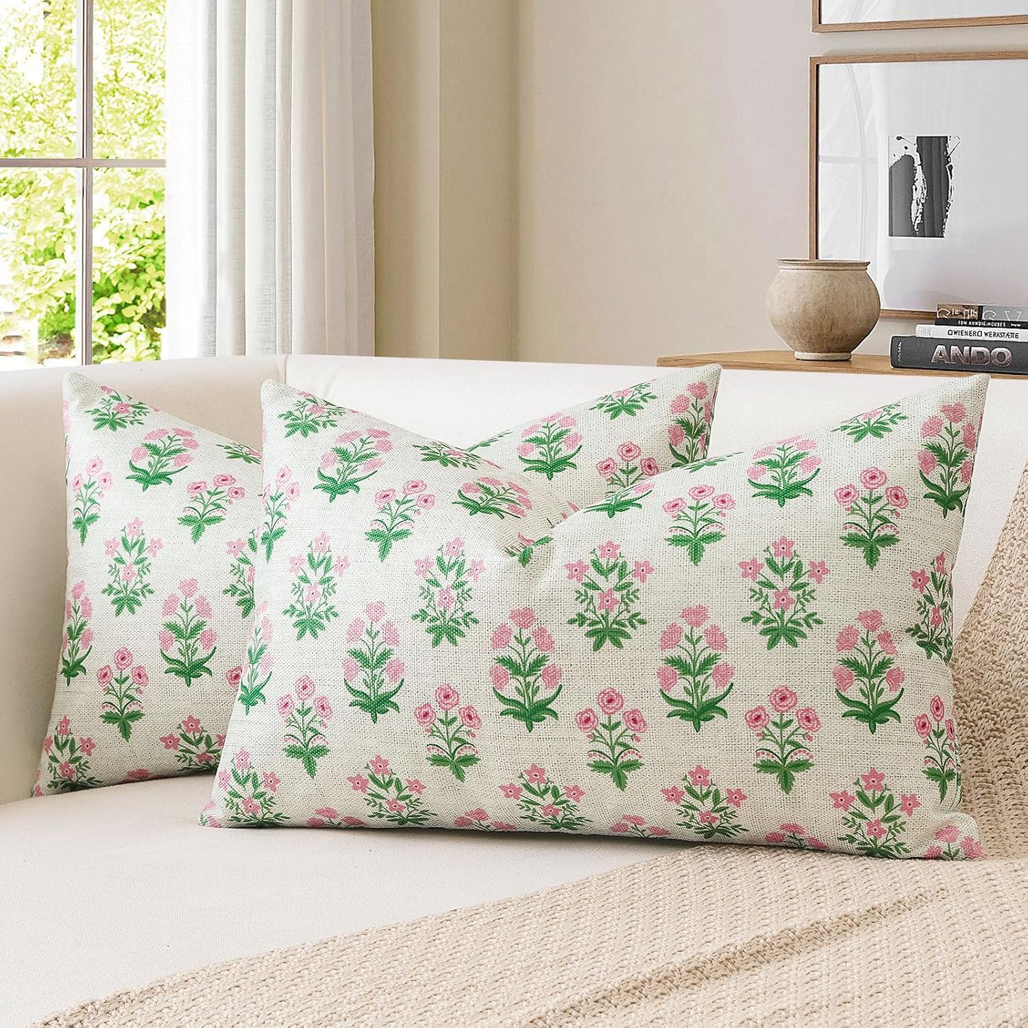 OTOSTAR Floral Print Pillow Covers 12x20 Inch Pack of 2 Double-Sided Pink Green Flower Lumbar Throw Pillow Covers Farmhouse Rustic…