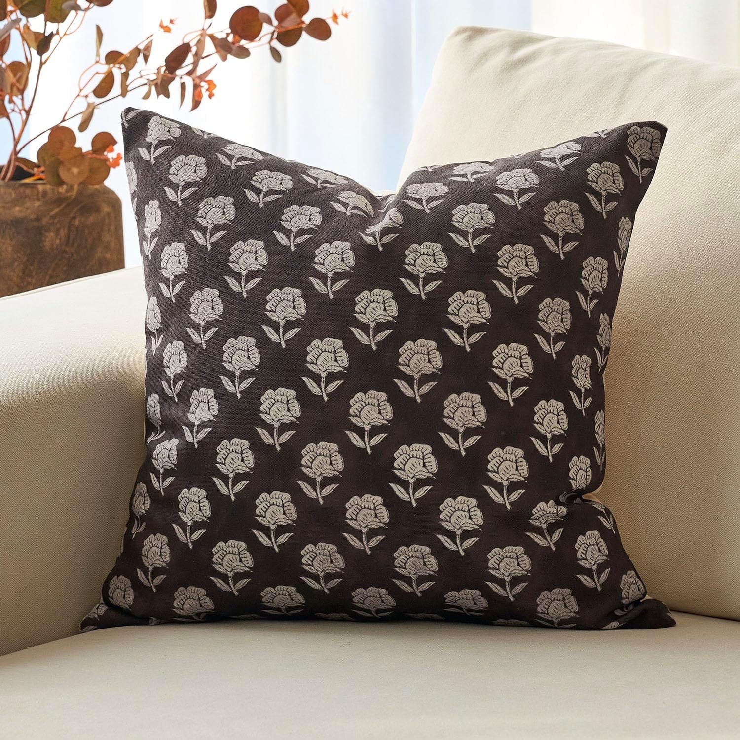 Domvitus Floral Pillow Covers 24x24 Throw Pillow Covers Decorative Block Floral Print Vintage Pillow Cover for Living Room Couch Bed, Black…